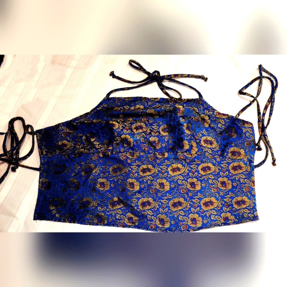 Blue Gold Backless Brocade Halter Top